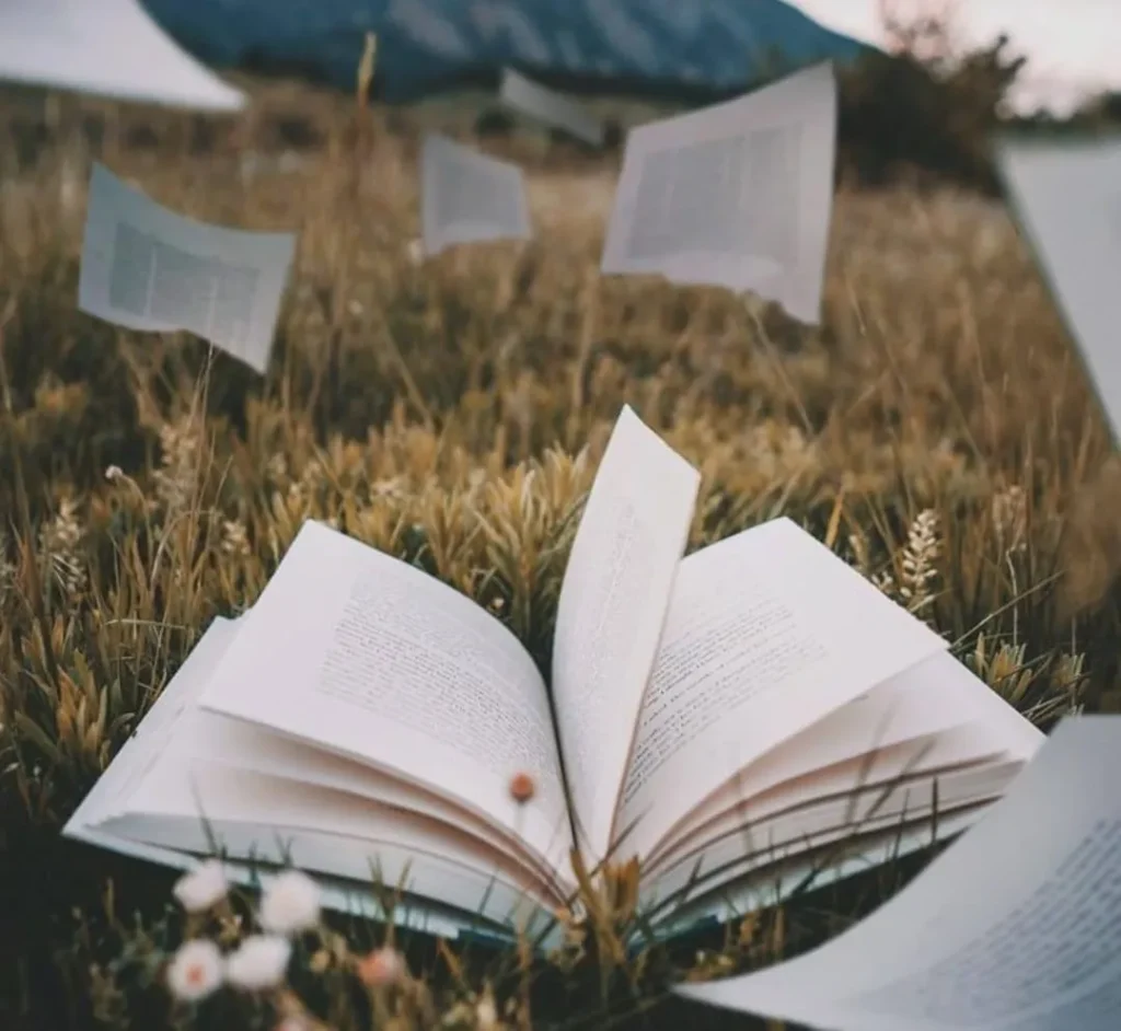 Libro aperto con le pagine che volano su un prato, immagine del laboratorio di lettura